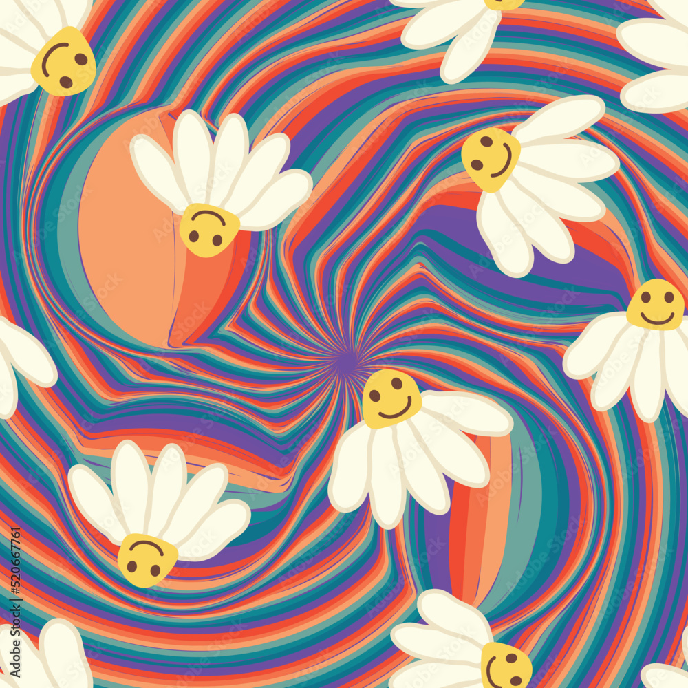 Retro Smile Chamomile Seamless Pattern on 1970 Wavy Swirl Seamless Pattern. Hippie Aesthetic.