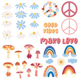 A collection of stickers from the 1970s. Rainbow, camomile, peace symbol, mushrooms, text. Set of hipster retro cool rainbow psychedelic elements