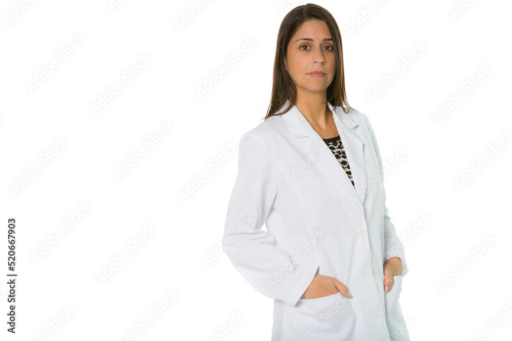 Serious Hispanic female wearing lab coat copy space Serious Hispanic female wearing lab coat copy space