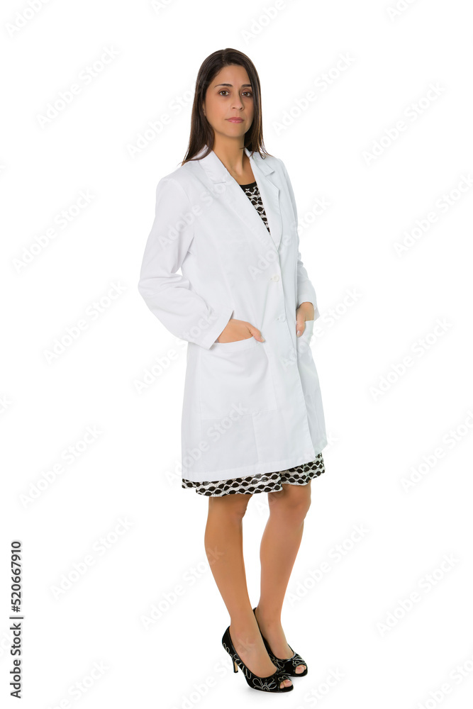 Serious Hispanic female wearing lab coat, white background Serious Hispanic female wearing lab coat, white background