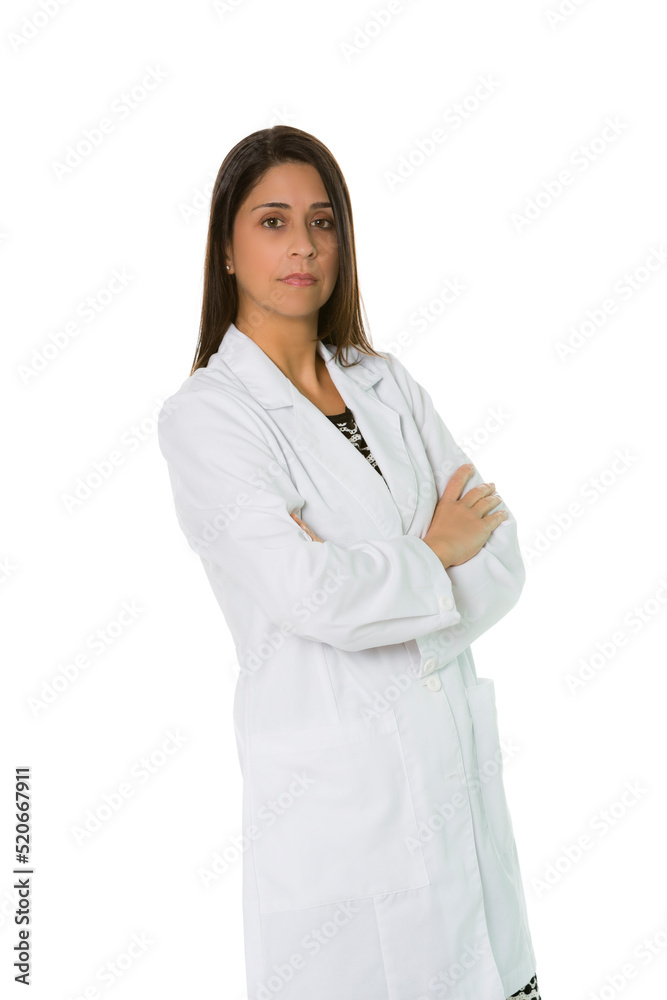 Serious Hispanic female wearing lab coat arms crossed Serious Hispanic female wearing lab coat arms crossed