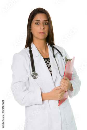 Hispanic female doctor with clipboard, white background