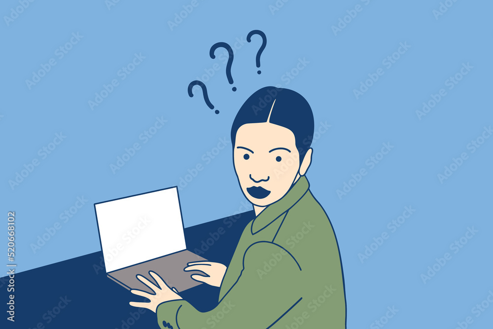 Illustrations of Beautiful employee woman shocked sitting in  front of laptops