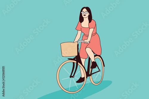 Fototapeta Naklejka Na Ścianę i Meble -  Illustrations of Beautiful young woman riding bicycles in city park