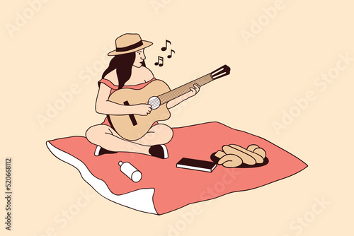 Illustrations of Beautiful Young woman enjoying a picnic and playing guitar in the park