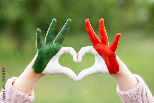 Canvas Print Child hands in heart shape painted in Mexico flag color