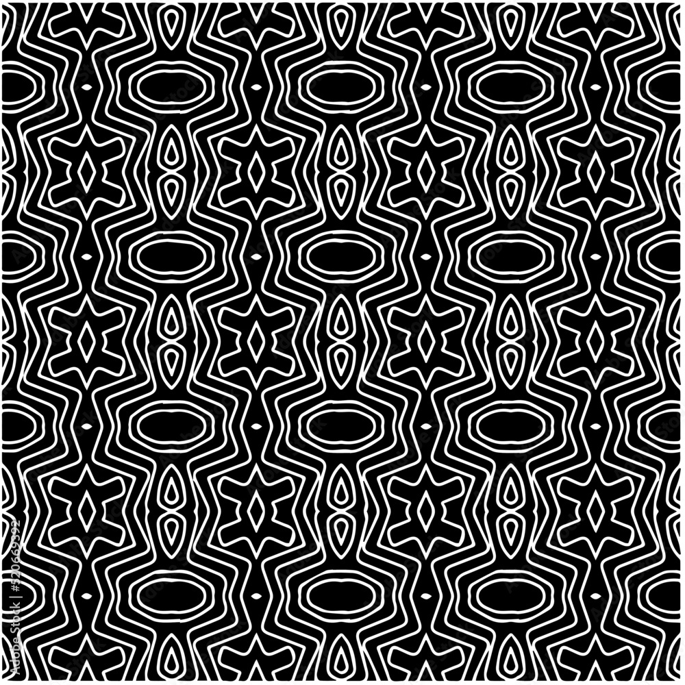 Black and white abstract geometric seamless pattern with wavy shapes, and curved lines. Simple monochrome texture. Op art graphic background. Repeat design for decor, cover, print.