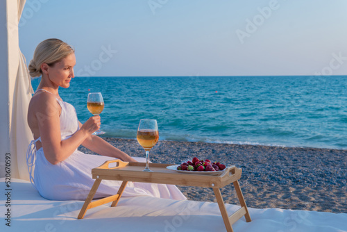 Drinks tray wine sea rest restaurant two copyspace rose sunny, from var background for relax from picnic water, celebration wineglass. View weekend luxury,