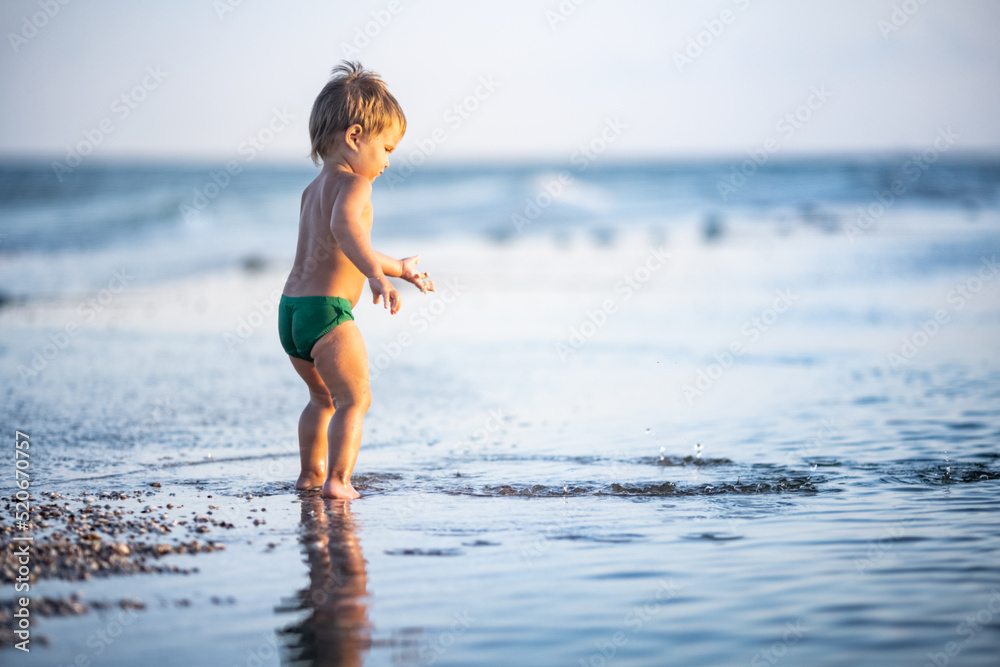 Kid collects shells and pebbles in the sea on a sandy bottom under the summer sun on a vacation Kid collects shells and pebbles in the sea on a sandy bottom under the summer sun on a vacation