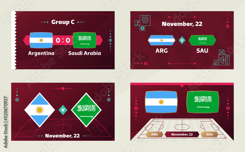 Argentina vs Saudi Arabia, Football 2022, Group C. World cup Football Competition championship match versus teams intro sport background, championship competition final poster, vector illustration.