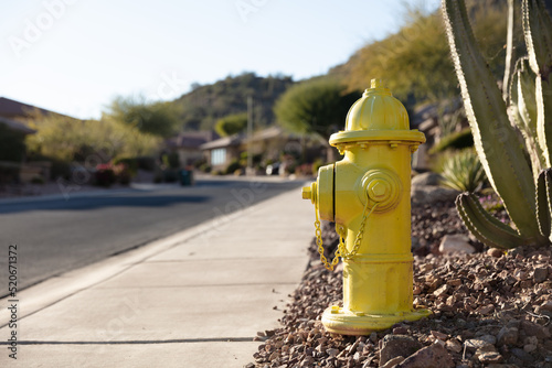 Yellow fire hydrant on bed of pebbles next to a street sidewalk in suburban neighborhood