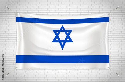 Israel flag hanging on brick wall. 3D drawing. Flag attached to the wall. Neatly drawing in groups on separate layers for easy editing.