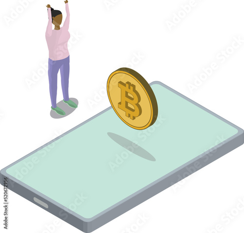 Isometric view of Phone Bitcoin Floating Woman Hands In Air