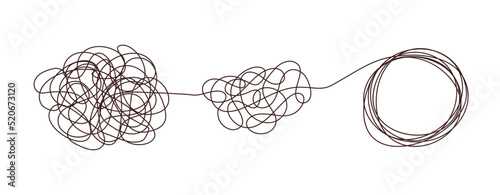 Tangle chaos, psychoterapy concept. Business design in one line, order theory. Doodle graphic spiral solution. Vector object isolated on white background