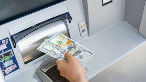 Atm cash machine money. Woman withdraw money dollar bill. Holding american hundred cash. Money dollar, bank credit card.