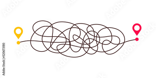 Difficult way, chaos path from point A to B. Complex chaos simplifying concept. Easy simple way. Vector illustration