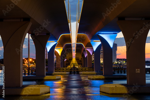 Underneath the Lesner Bridge at Dusk in Virginia Beach with colorful lights