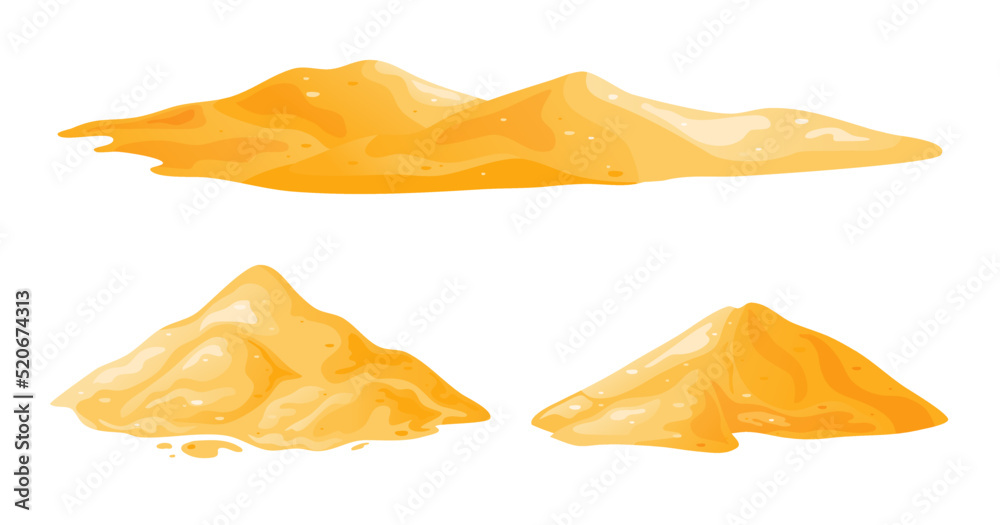 Pile of sand in cartoon, sandy dune in desert or at beach. Heap of building material. Vector illustration