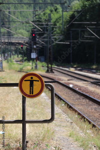 sign, danger, prohibited, railway station, rails, platform
