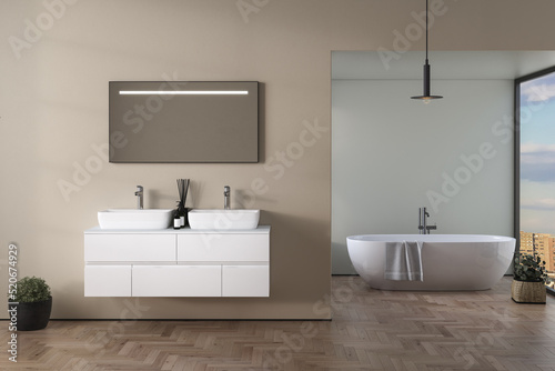 Interior of modern bathroom with beige and green walls  wooden floor  bathtub  plants  double sink standing on wooden countertop and a square mirror hanging above it. 3d rendering 