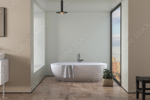 Interior of modern bathroom with beige and green walls, wooden floor, bathtub, plants, double sink standing on wooden countertop and a square mirror hanging above it. 3d rendering  © leymandesign