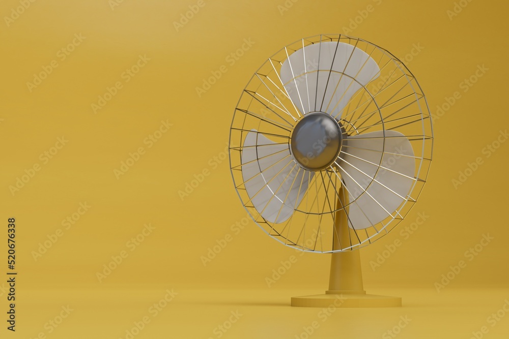 fan. blowing cold air in summer. a fan helps to endure the summer heat. a yellow fan with white propellers on a yellow background with space for text. 3d illustration. 3d render fan. blowing cold air in summer. a fan helps to endure the summer heat. a yellow fan with white propellers on a yellow background with space for text. 3d illustration. 3d render