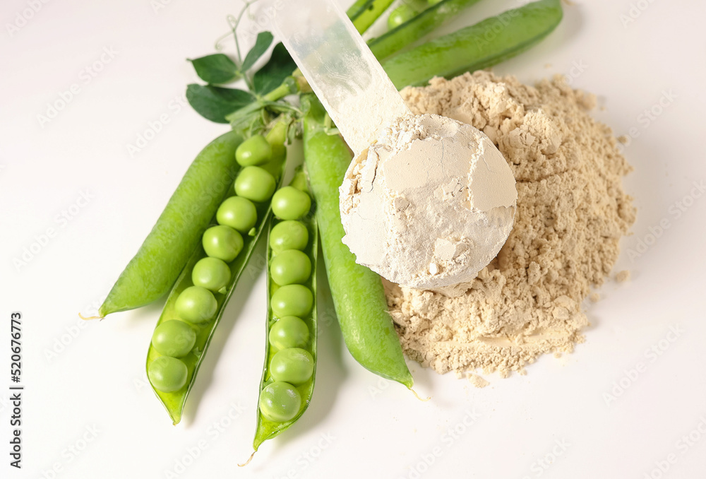 Plant base protein Pea Protein Powder in plastic scoop with fresh green Peas seeds on white Background, isolated copy space.  - obrazy, fototapety, plakaty 