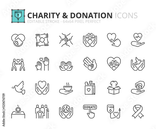 Simple set of outline icons about  charity and donation.