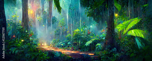 A beautiful fairytale rainforest on a summer morning with sunbeams. Digital Painting Background, Illustration.