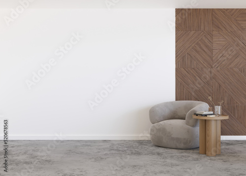 Fototapeta Naklejka Na Ścianę i Meble -  Room with concrete floor, white and wooden wall and empty space. Armchair, table. Mock up interior. Free, copy space for your furniture, picture, decoration and other objects. 3D rendering.