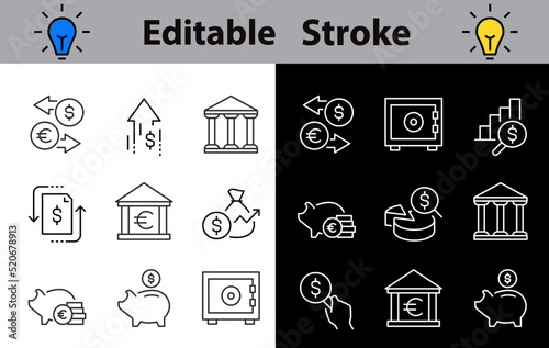 simple set of Linear Icons about Business finance, piggy bank, Bank account, Bank and much more, Editable Stroke, Perfect Icons