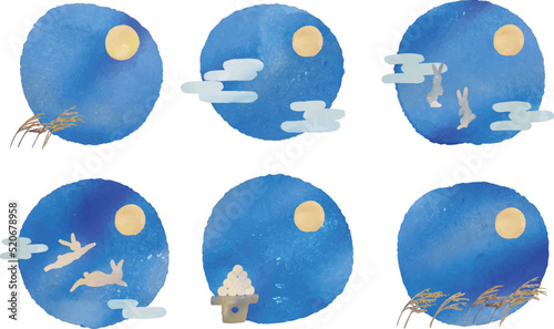 水彩画。水彩タッチのベクターお月見イラスト。秋の十五夜イメージイラスト背景。青い夜空と月の風景イラスト。Watercolor. Vector moon viewing illustration with watercolor touch. Autumn fifteen nights image illustration background. Landscape illustration of b
