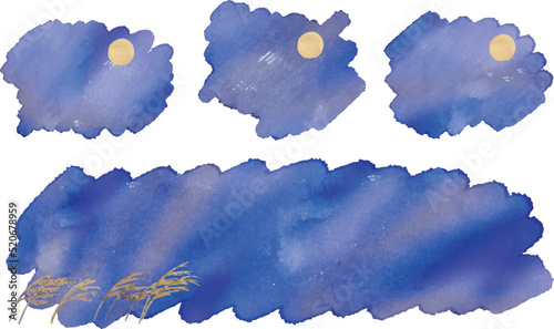 水彩画。水彩タッチのベクターお月見イラスト。秋の十五夜イメージイラスト背景。青い夜空と月の風景イラスト。Watercolor. Vector moon viewing illustration with watercolor touch. Autumn fifteen nights image illustration background. Landscape illustration of b