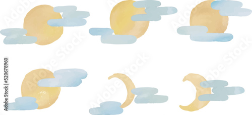 水彩画。水彩タッチのベクターお月見イラスト。秋の十五夜イメージイラスト背景。月と雲のイラストセット。Watercolor. Vector moon viewing illustration with watercolor touch. Autumn fifteen nights image illustration background. Illustration set of moon and 