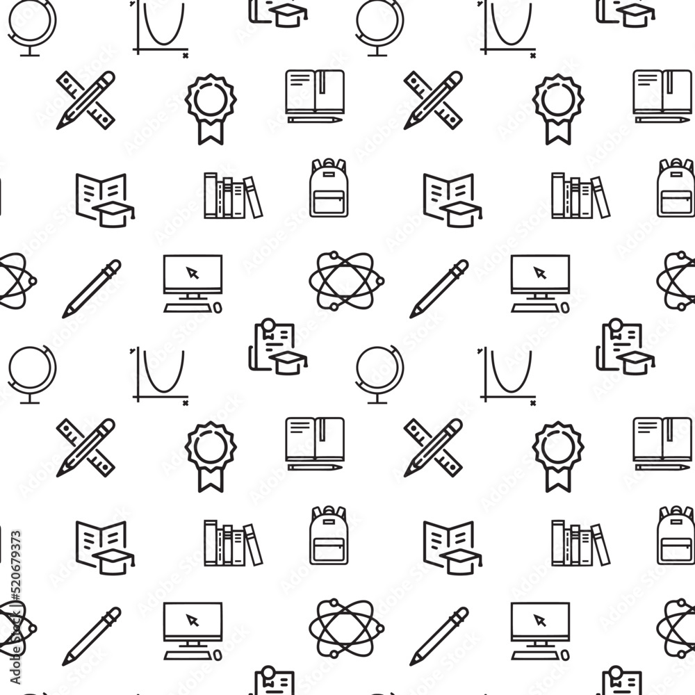 Seamless pattern with modern thin black line icons school supplies on white background. Design for fabric, wrapping print. Vector illustration. Seamless pattern with modern thin black line icons school supplies on white background. Design for fabric, wrapping print. Vector illustration.