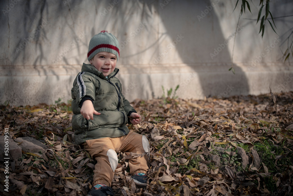 Niño jugando entre las hojas caídas de los árboles en otoño invierno