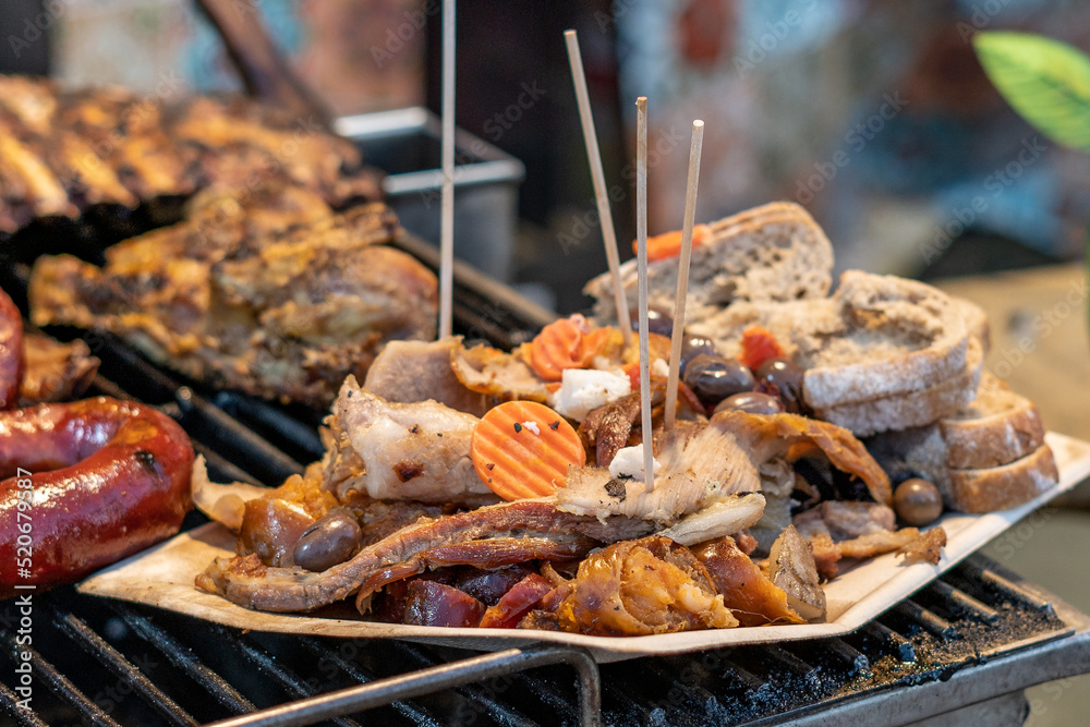 Mixed Plate of Sausages and Meat on a Grill at the Feira Medieval de Alvor