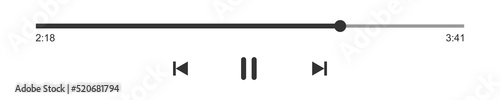Progress loading bar of audio or video player with time slider, pause, rewind and fast forward buttons. Outline template of media player playback panel interface. Vector graphic illustration photo