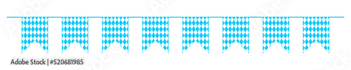 Garland with flags in Bavarian colors. Bunting for traditional German Oktoberfest beerfest with blue and white rhombus pattern. Decoration for banner, invitation card, poster. Vector flat illustration