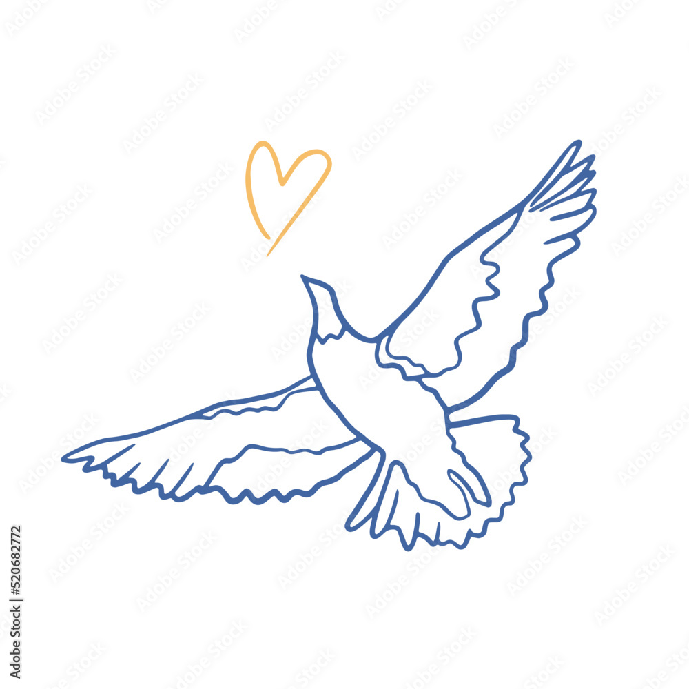 Fototapeta premium Doodle dove of peace illustration. Concept of peace. Flying stylized bird vector illustration. Support Ukraine concept 