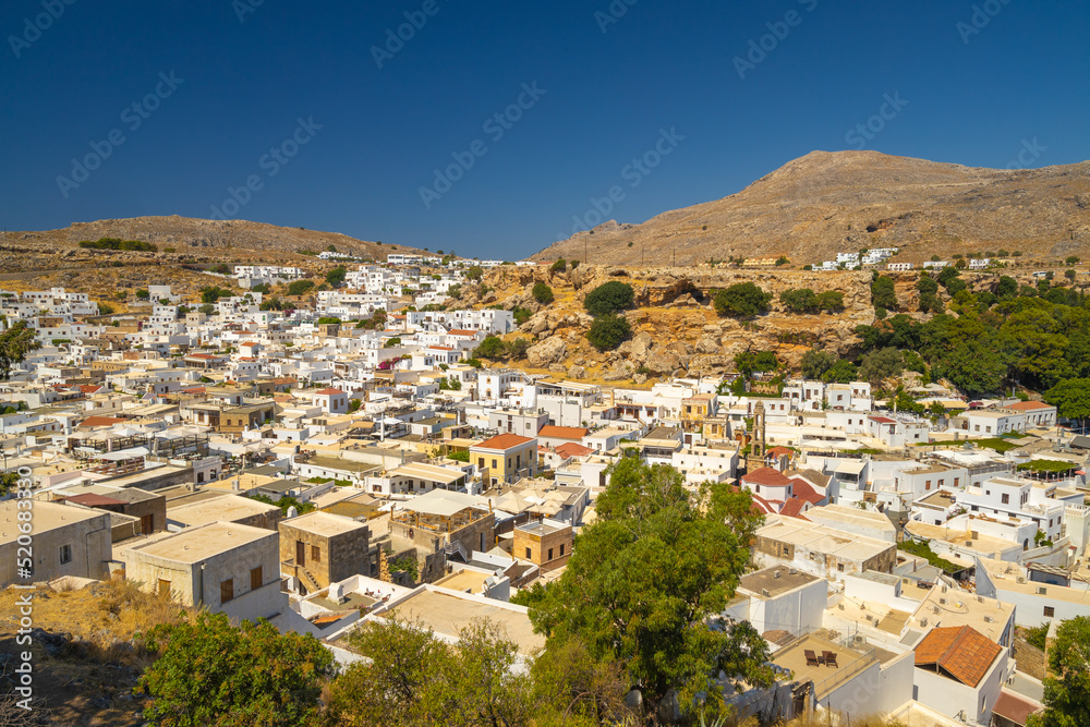 Panoramic view of Lindos town on Rhodes island, Greece, Europe.