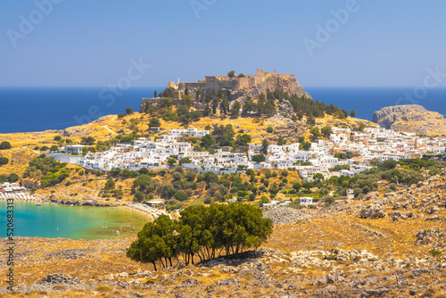 Panoramic view of Lindos town with the Acropolis on Rhodes island, Greece, Europe.