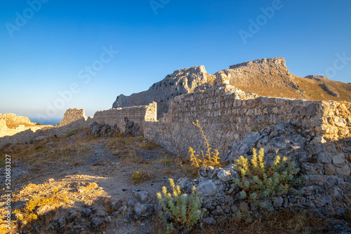 Ruins of the castle of St. John in The Archangelos town in the island of Rhodes, Greece, Europe.
