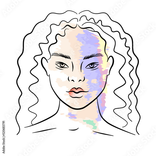 Beautiful woman portrait in simple outline style with neon features. Female face isolated on white background. Awesome print for T-shirt design. 