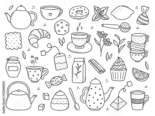 Hand drawn set of Tea time doodle icons. Teapots, cups, lemon and sweets in sketch style. Vector illustration isolated on white background