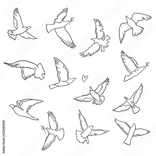 Doodle dove of peace illustration set. Concept of peace. Flying stylized bird vector illustration