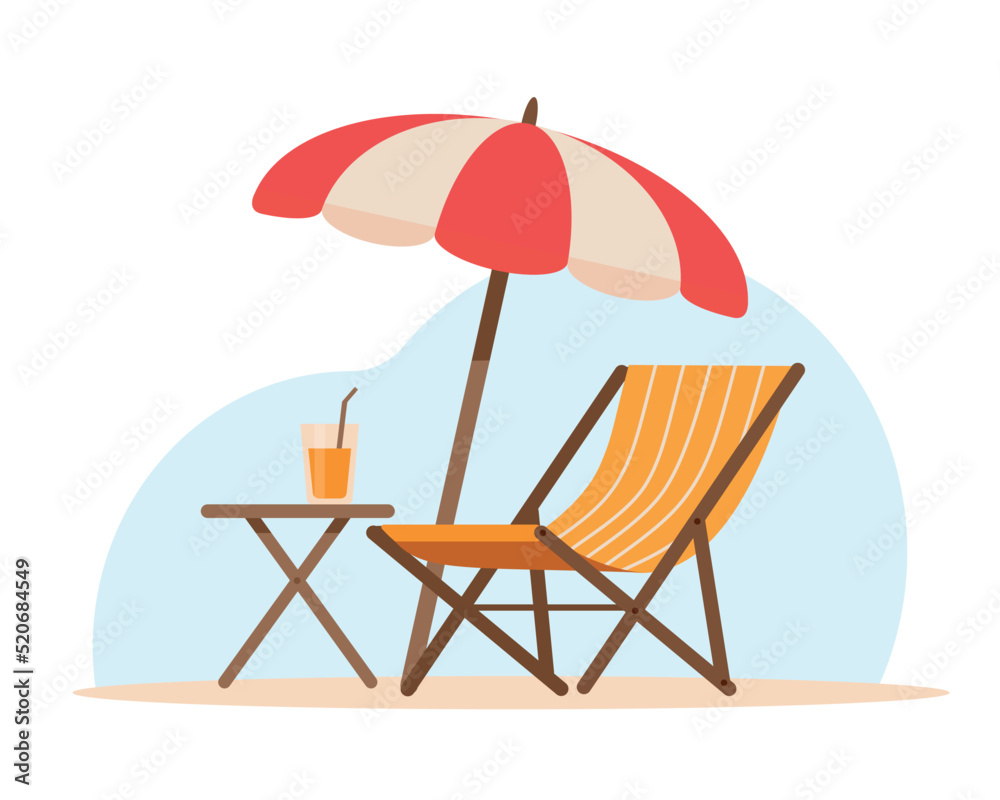 Summer patio furniture. Restaurant or cafe wooden table with chair and beach umbrella for holiday. Vector illustration isolated on white background. Summer patio furniture. Restaurant or cafe wooden table with chair and beach umbrella for holiday. Vector illustration isolated on white background.