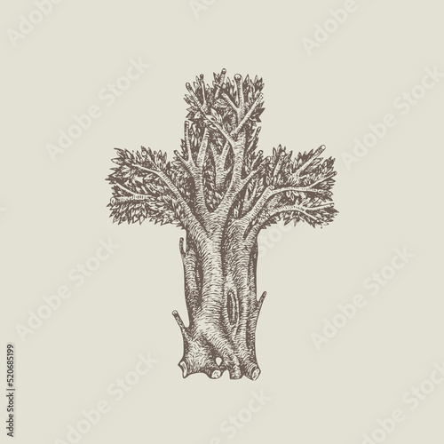 Concept of a Christian cross in the form of a tree hand drawn. Decorative tree in the shape of a cross. Vector illustration, religious sign, icon, logo, emblem, design element.