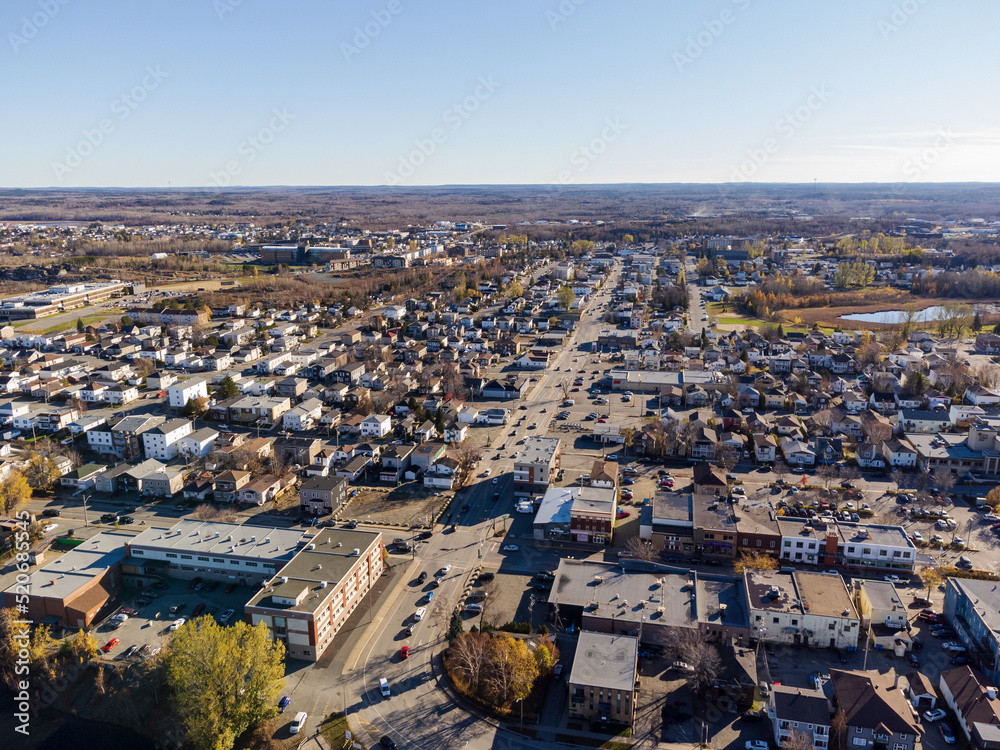 Aerial view of Rouyn-Noranda City in a fall season sunny day. Abitibi-Temiscamingue, Quebec, Canada.