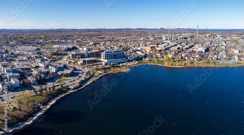 Aerial view of Rouyn-Noranda City and Osisko Lake in a fall season sunny day. Abitibi-Temiscamingue  Quebec  Canada.